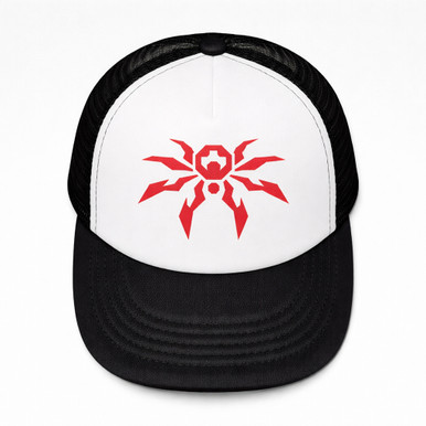 Poison Spyder Icon Trucker Snapback Hat - Black & White, featuring a red spider logo on the front panel.