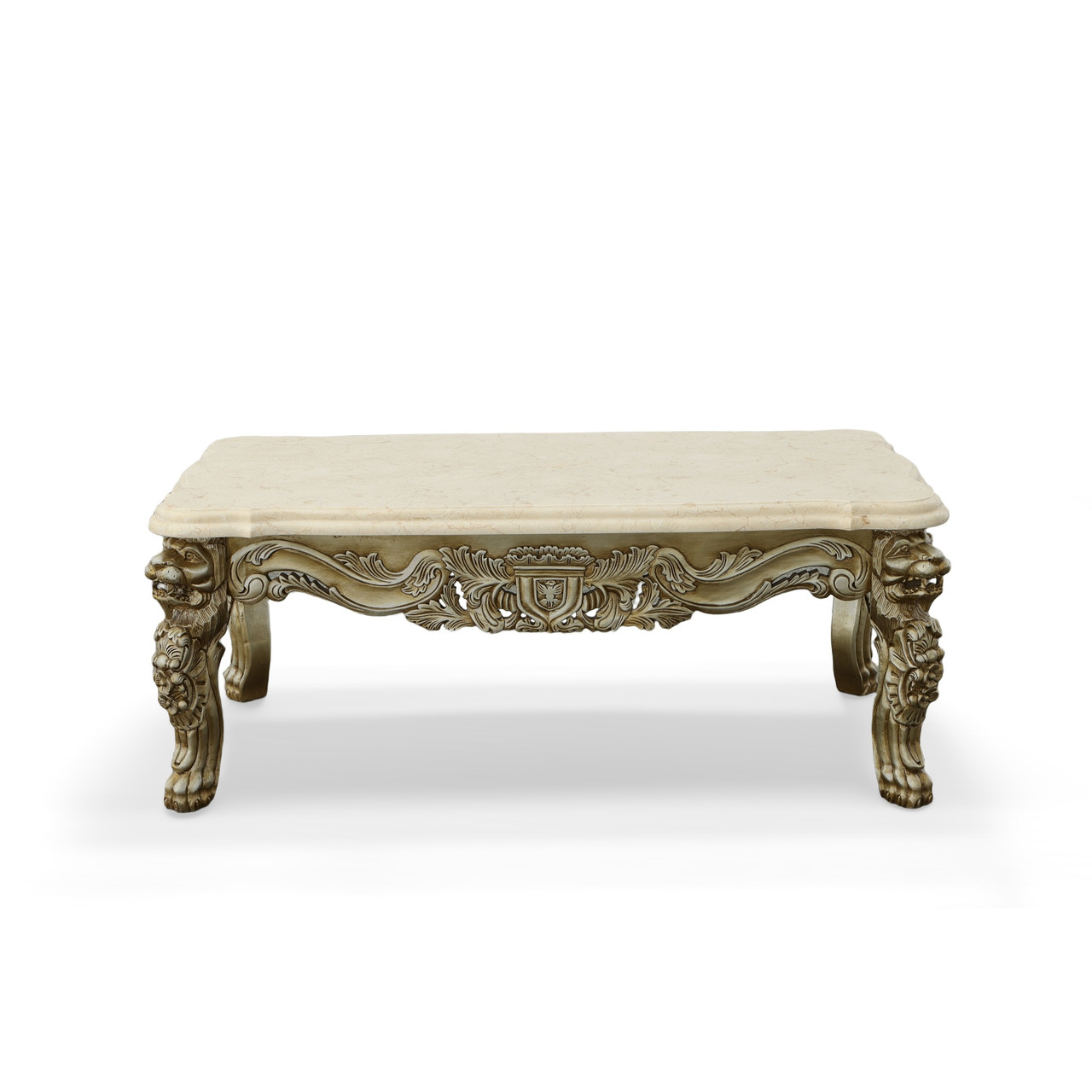 Platine Lion Coffee Table Hand Carved Mahogany with Creama Marfil