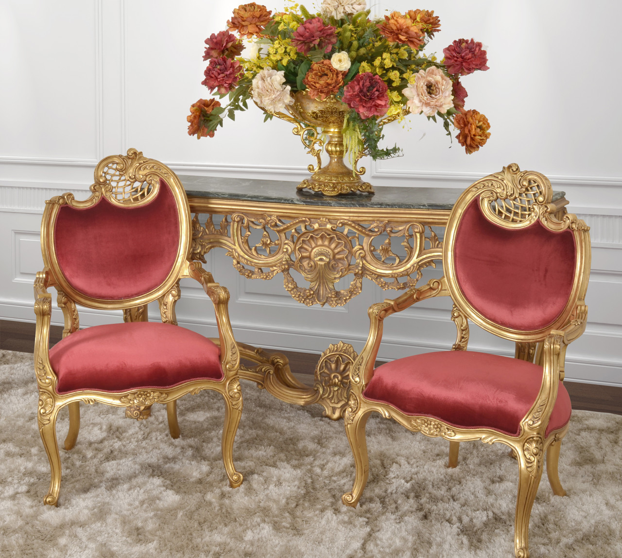 中古美品 Mae Bra アンティーク チェアレッドゴールド Red Pair of French Rococo Fireside Chairs - World of Decor