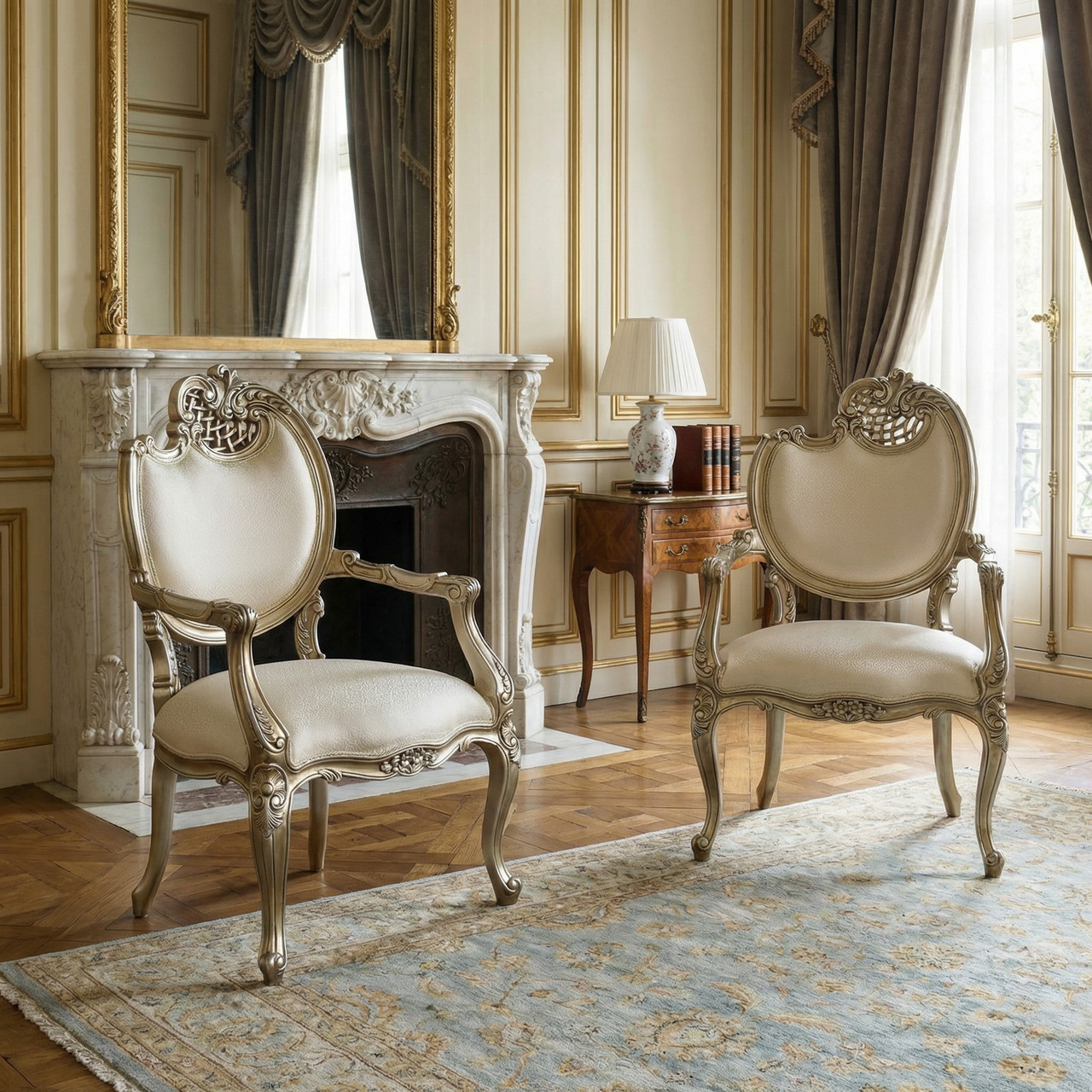 Platine Pair of French Rococo Mahogany Fire Side Chairs - World of