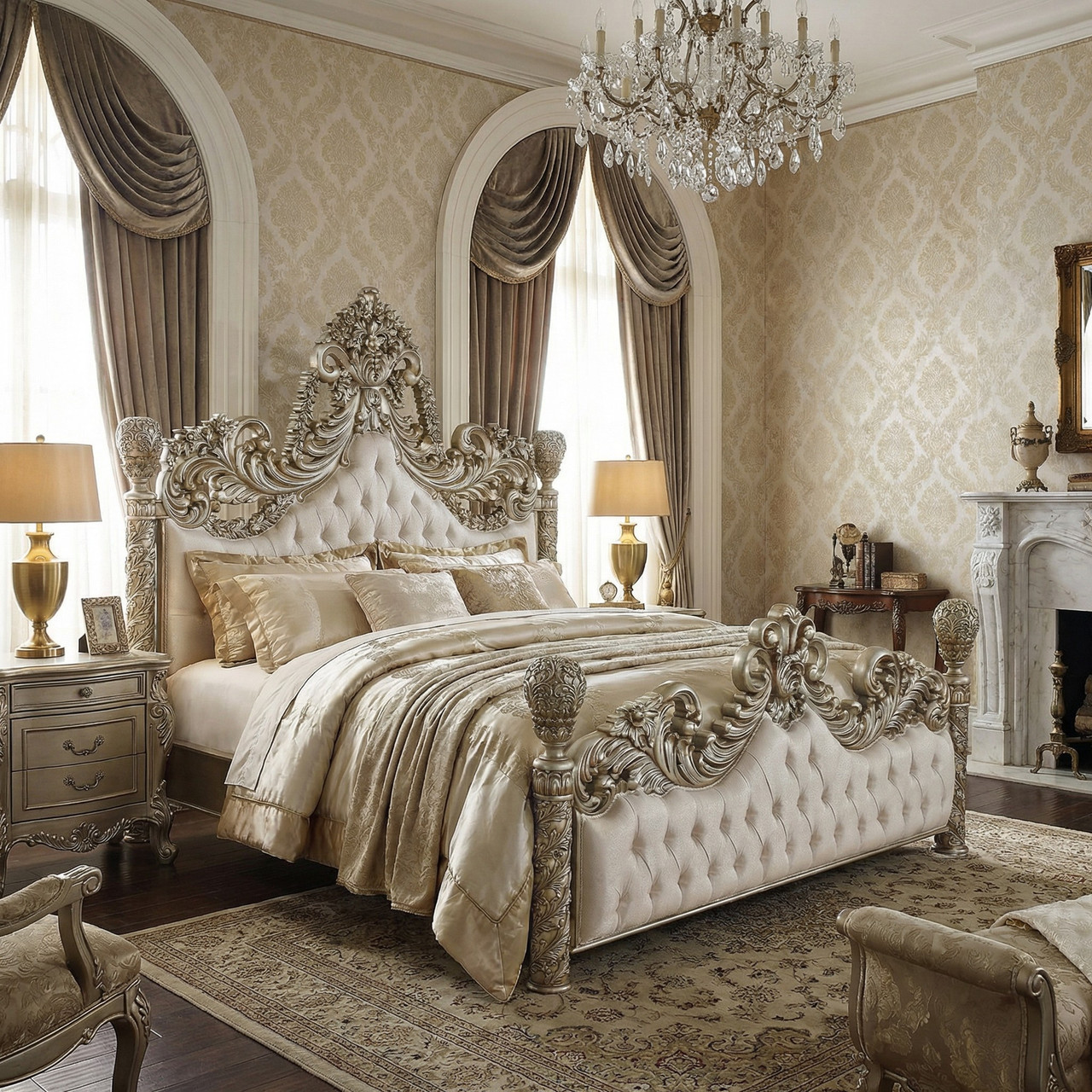 Grand Platine Finish Carved Mahogany Tufted Poster King Bed