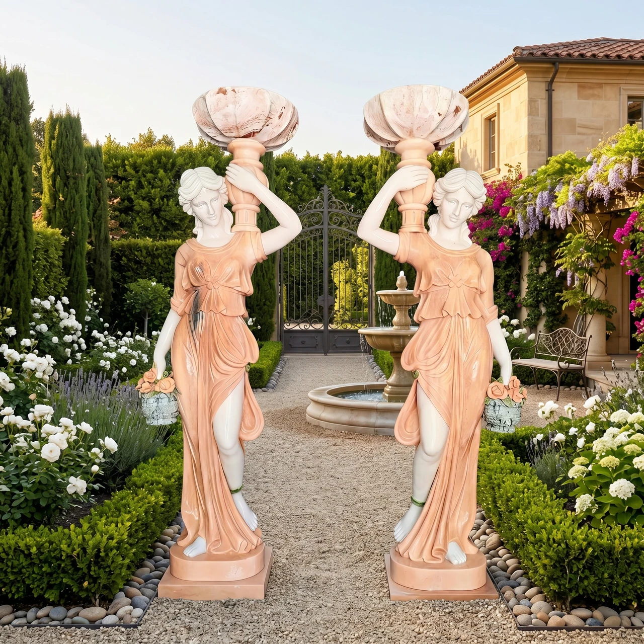 Pair of Pink Multi-Colored Marble Ladies Holding Urns