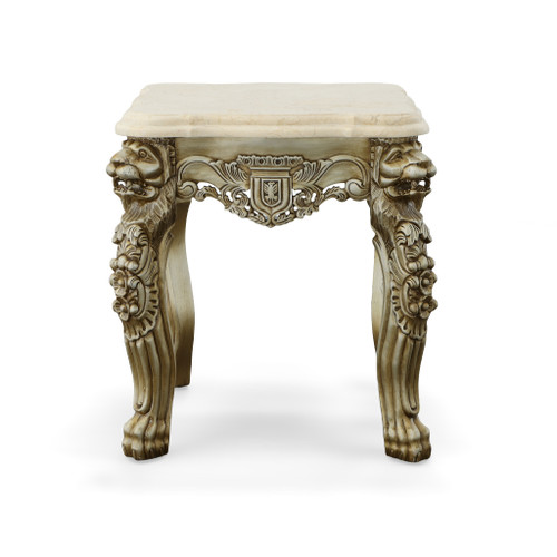 Platine Lion Side Table Hand Carved Mahogany with Creama Marfil Marble Top 26 Inch Tall