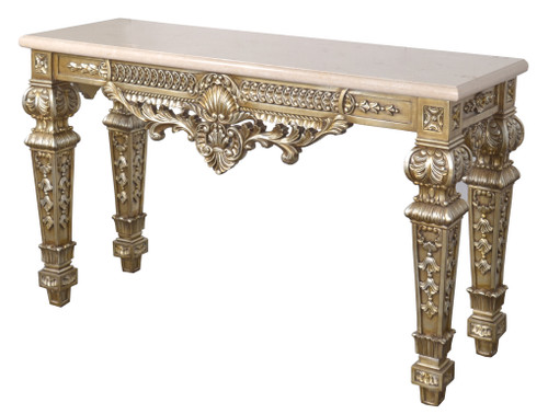 Platine Chapelle Console Hand Carved Mahogany with Creama Marfil Marble Top 59.25 Inches Long