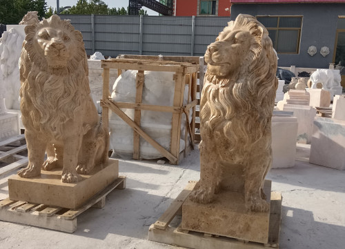 Pair Yellow Stone Marble Lions