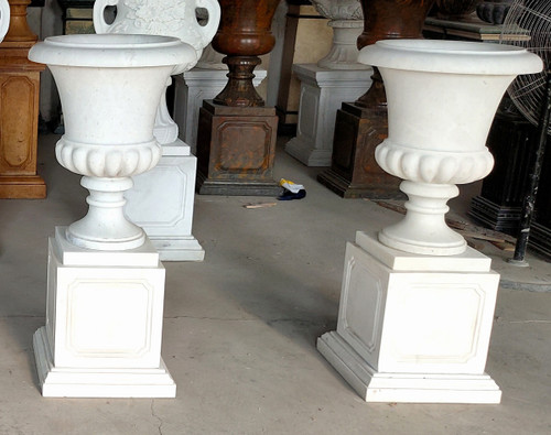 Pair Marble Hunan White Urns on Pedestals GE20454