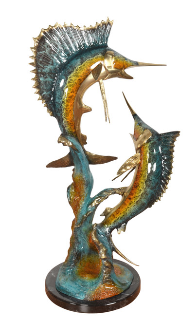 Two Swordfish with Coral on Marble Base in Special Patina