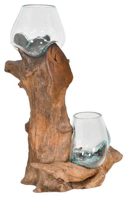 Double Glass Bowl on Teak Stand 20.5H