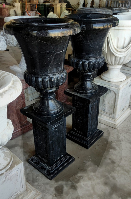 Pair Black Marble Urn on Pedestal