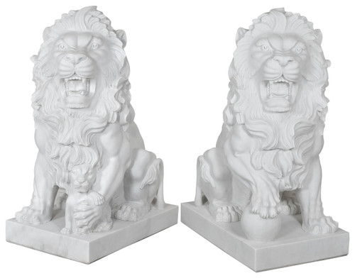 Pair of White Marble Roaring Lions