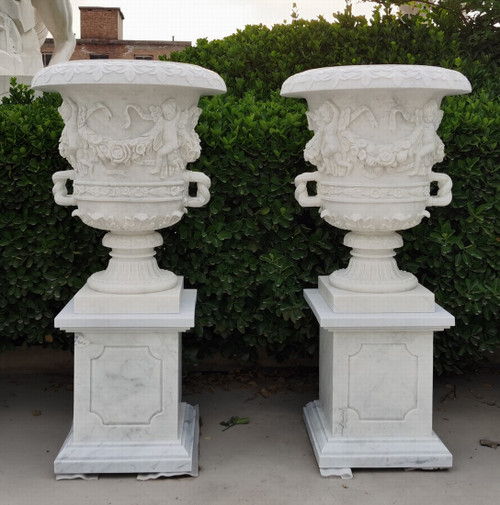 Pair Marble Hunan White Urns on Pedestals 12025532