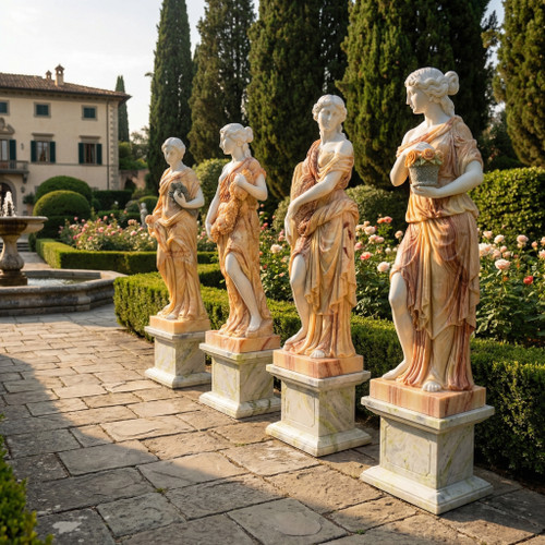 Multi Color Milk Marble Four Seasons Statues H70.9 Inches Stand:H17.7 Inches  Ge21389