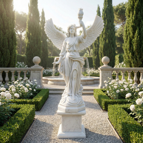 White Marble Winged Angel with Torch Statue H90.6 Inches  Ge21399