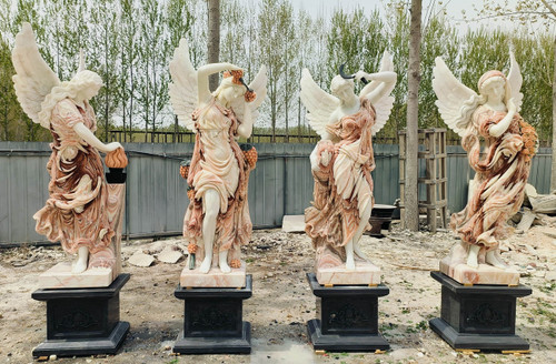 Multi Color Milk Marble Angel Four Season Statues H80.7 Inches  Stand:H19.7 Inches  Ge21406