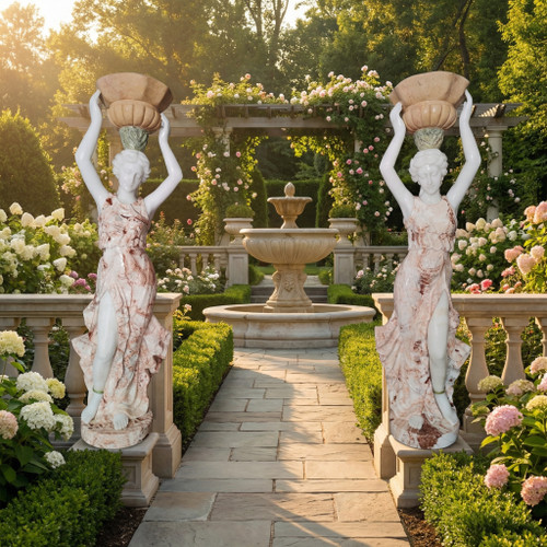 Multi Color Milk Marble Pair of Ladies with Baskets H63 Inches          Ge21429