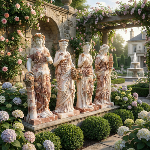 Multi Color Milk Marble Four Seasons Statues H70.9 Inches  Stand:H19.7 Inches  Ge21430