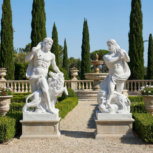 White Marble with Gray Accents Hercules Pair of Statues H78.8 Inches          Ge21434