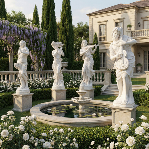 White Marble Musical Set of Four Statues H70.9 Inches          Ge21438