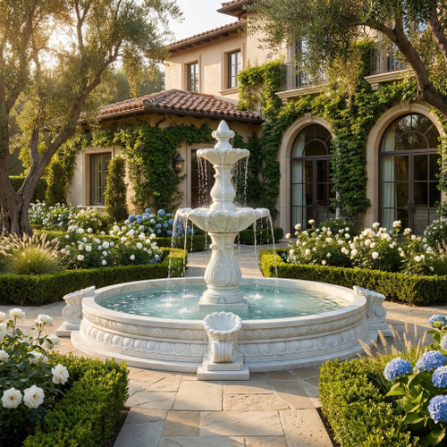 White Marble with Gray Accents Two Tier Fountain H82.7 Inches  * D96.6 Inches      Ge21450