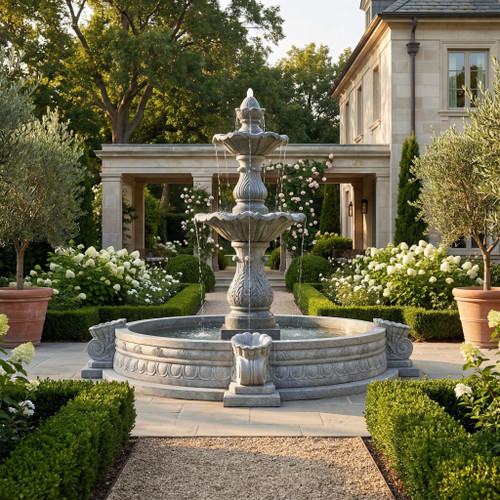 White Marble with Gray Accents Two Tier Fountain H82.7 Inches  * D96.6 Inches      Ge21452