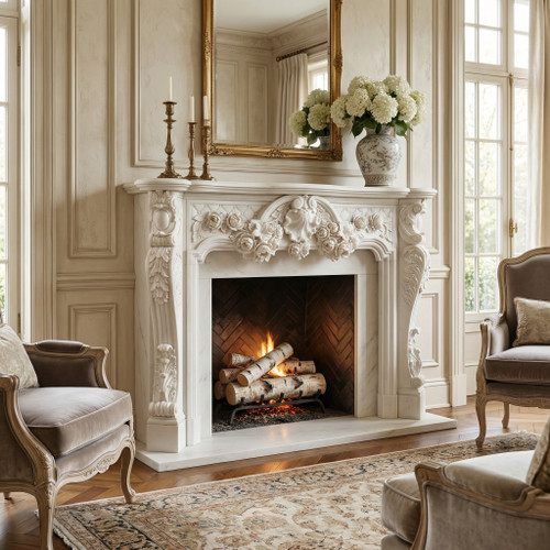 Italian White Marble Carved Mantel L70.9*H50.8*W13.8 Inches        OPEN?L44.9*H36.2 Inches  Ge21455