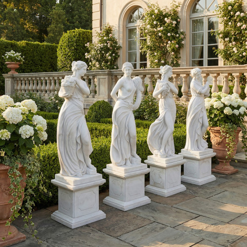White Marble Four Seasons Statues H47.3 Inches  Stand:H15.8 Inches  Ge21466