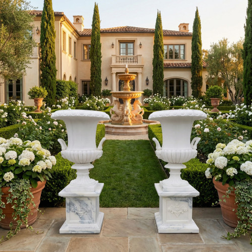 White Marble with Gray Accents Pair of Urns H70.9*D33.5 Inches  Ge21486