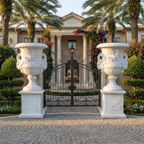 White Marble Pair of Carved Urns H74.8*D35.4 Inches  Ge21487