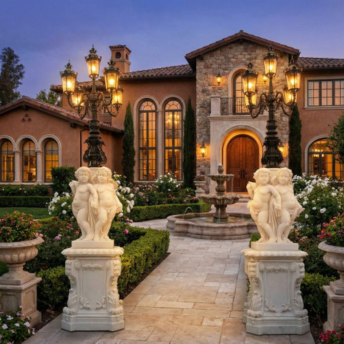 White Marble Cherub Street Light Pair H140.5 Inches  Ge21502