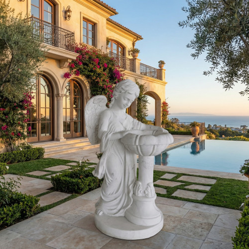 White Marble Angel Bird Bath Sculpture H44.9 Inches  Ge21519