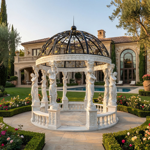 White Marble  Sculptural Gazebo with dome H114*D177 Inches  Ge21523