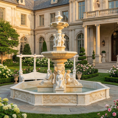 White Marble Monumental Sculptural Fountain H208*D228 Inches  Ge21528