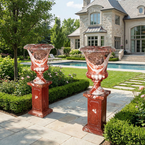 Red Marble Pair of Garden Flower Urns on Stand H51.2*D19.7 Inches  Ge21541