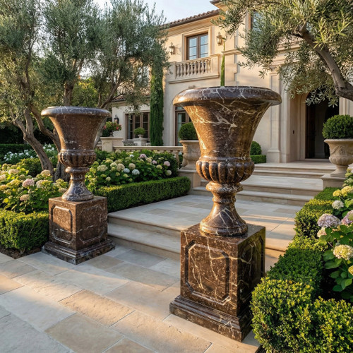 Red Marble Pair of Garden Flower Urns on Stand H49.2*D23.6 Inches  Ge21543