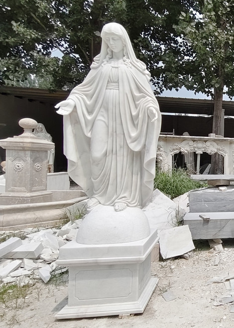 White Marble Virgin Mary Sculpture H70.9 Inches  Stand:H16.5 Inches  Ge21554