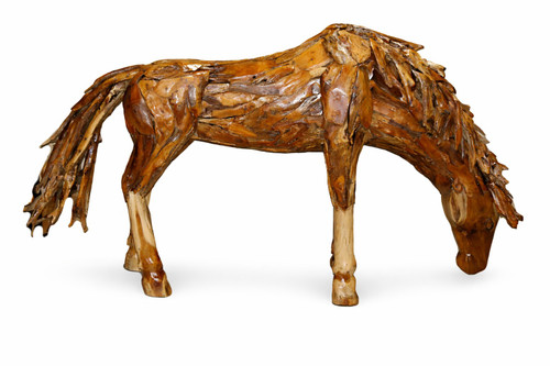 Teak Grazing Horse Statue