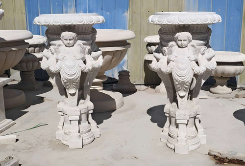 Pair of White Marble Classical Cherub Planters 47 Inches High x 23 Inches Deep