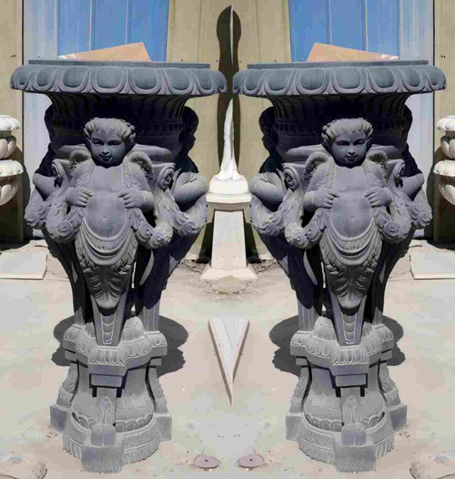 Pair of Black Marble Classical Cherub Planters 47 Inches High x 23 Inches Deep