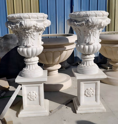 Pair of White Marble Classical Urn Planters on Base 51 Inches High x 23 Inches Deep
