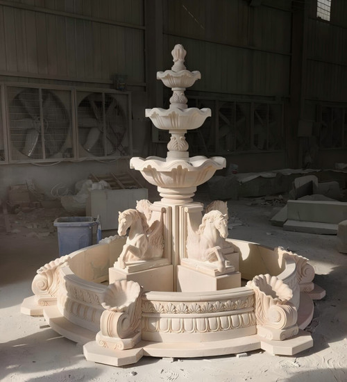 Beige Marble Multi Tier Fountain 94 Inches High x 98 Inches Deep