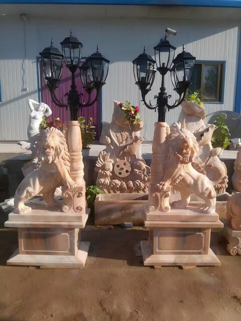 Pair of Pink Marble Lion Lamp Posts 95 Inches High