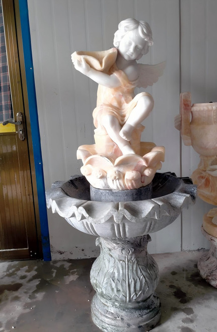 Multi Colored Marble Cherub Fountain 57 Inches High GE21614