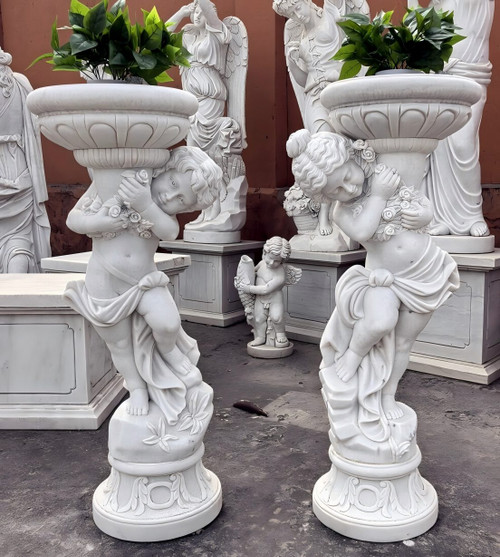 GE21632 Pair White Mrbl Cherubs with Urns 47 Inches High