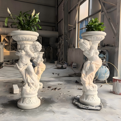 GE21635 Pair White Marble Cherubs with Urns 47 Inches High