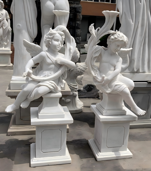 Pair of White Marble Cherubs on Bases 61 Inches High