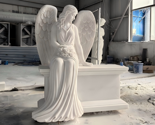 White Marble Angel on Bench 51 Inches High