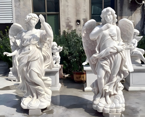 Pair of White Marble Angels 73 Inches High