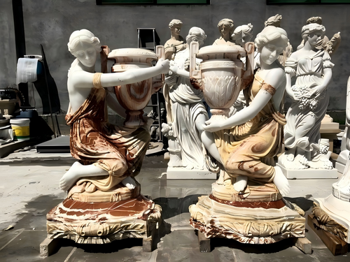 Pair Multi Colored Marble Women with Urns 47 Inches High