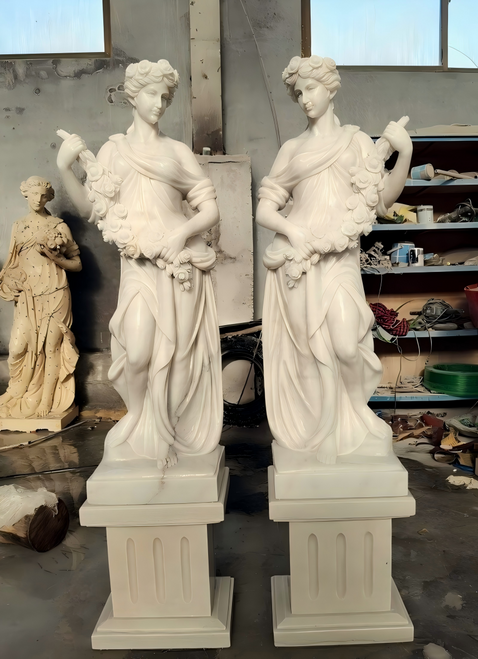 Pair White Marble Ladies with Garland on Base 65 Inches High