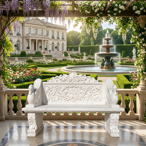 White Marble Swan Bench 71 Inches Wide